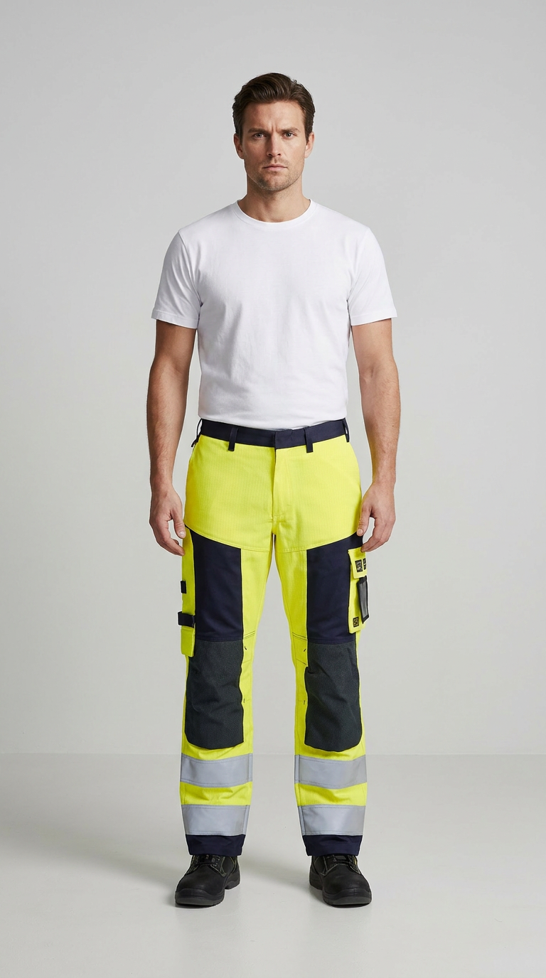Mand i hvid t-shirt og neon-gule arbejdsbukser med mørkeblå forstærkninger og refleksstriber.