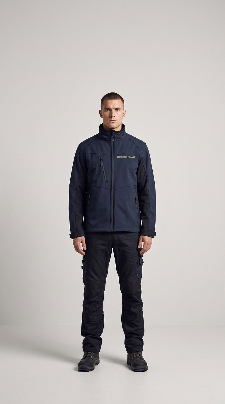 Mand iført mørkeblå softshell-jakke og sorte arbejdsbukser mod en neutral grå baggrund.