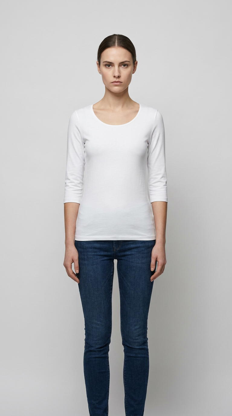 Kvinde iført en hvid t-shirt med trekvartærmer og mørkeblå jeans mod en neutral baggrund.