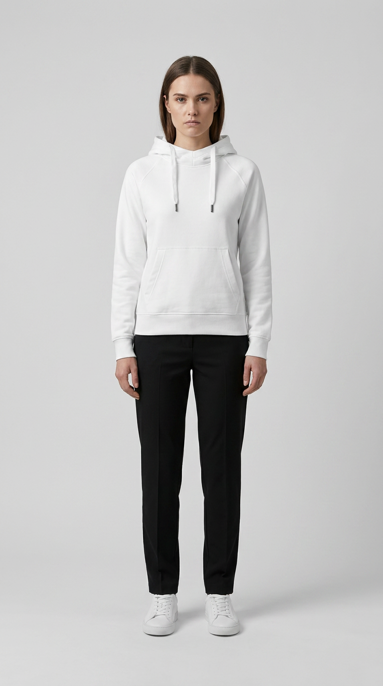 Kvinde iført hvid hættetrøje, sorte bukser og hvide sneakers mod en grå baggrund.
