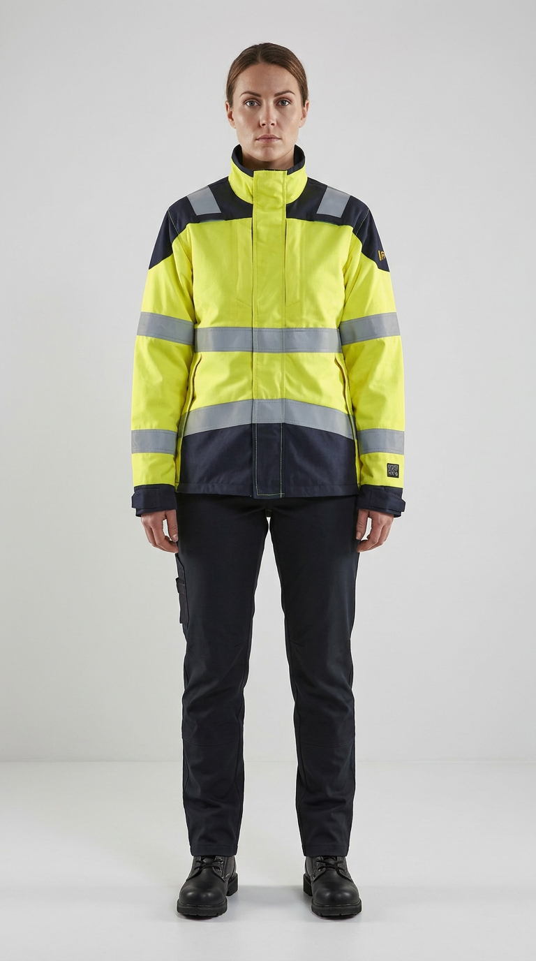 Kvinde i gul og mørkeblå high-visibility arbejdsjakke med reflekser og mørkeblå bukser.