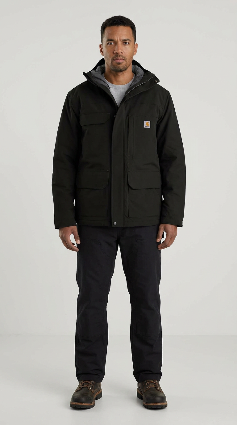 Mand i sort Carhartt-jakke med hætte, sorte bukser og brune støvler mod en lys baggrund.