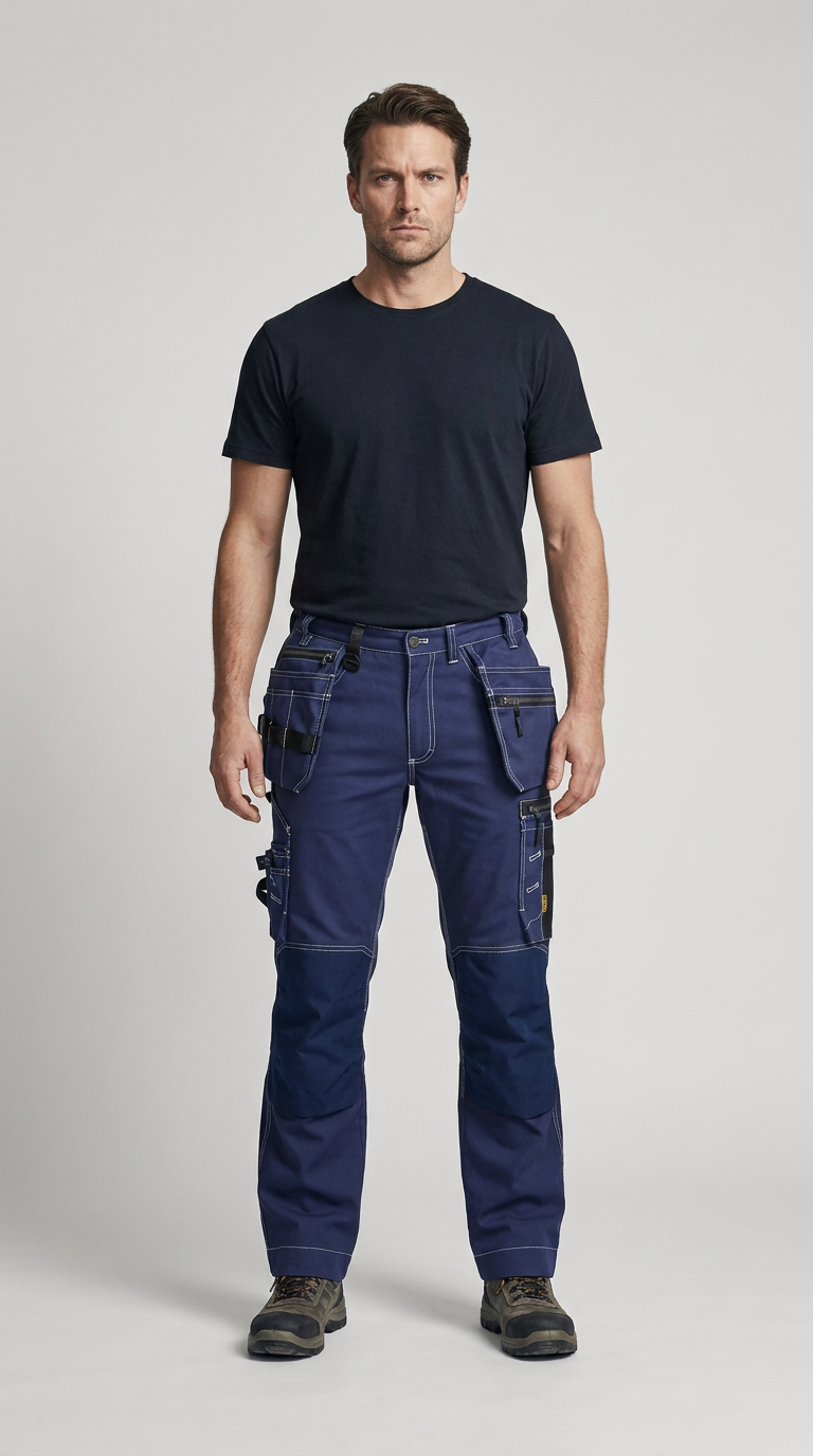 Mand i sort t-shirt og blå arbejdsbukser med mange lommer mod en grå baggrund.