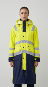 Kvinde i gul og marineblå high-visibility regnfrakke med refleksstriber mod en lys baggrund.