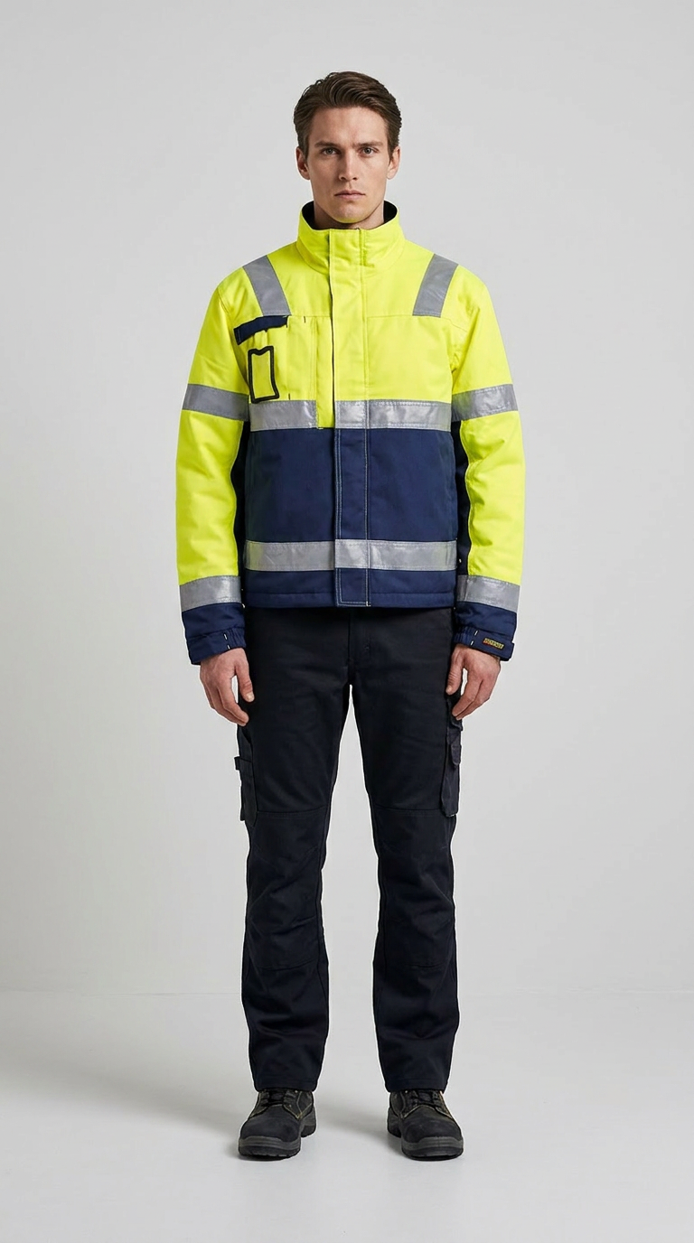 Mand i gul og blå refleksjakke, mørke arbejdsbukser og sikkerhedssko mod en lys baggrund.
