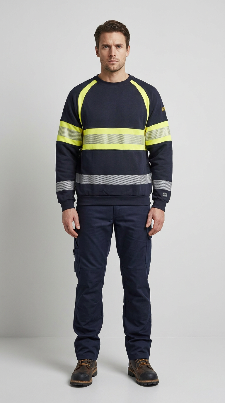 Mand i mørkeblå sweatshirt med gule refleksstriber, matchende arbejdsbukser og brune støvler.