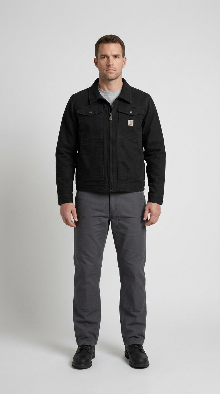 Mand iført en sort Carhartt-jakke, grå arbejdsbukser og sorte støvler på en hvid baggrund.