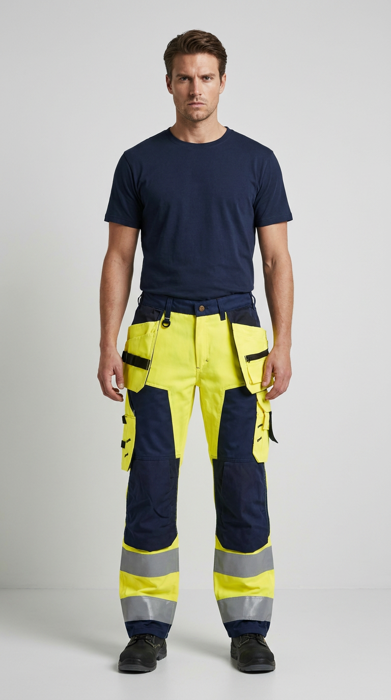 Mand i mørkeblå t-shirt og neon-gule arbejdsbukser med refleksstriber på en grå baggrund.
