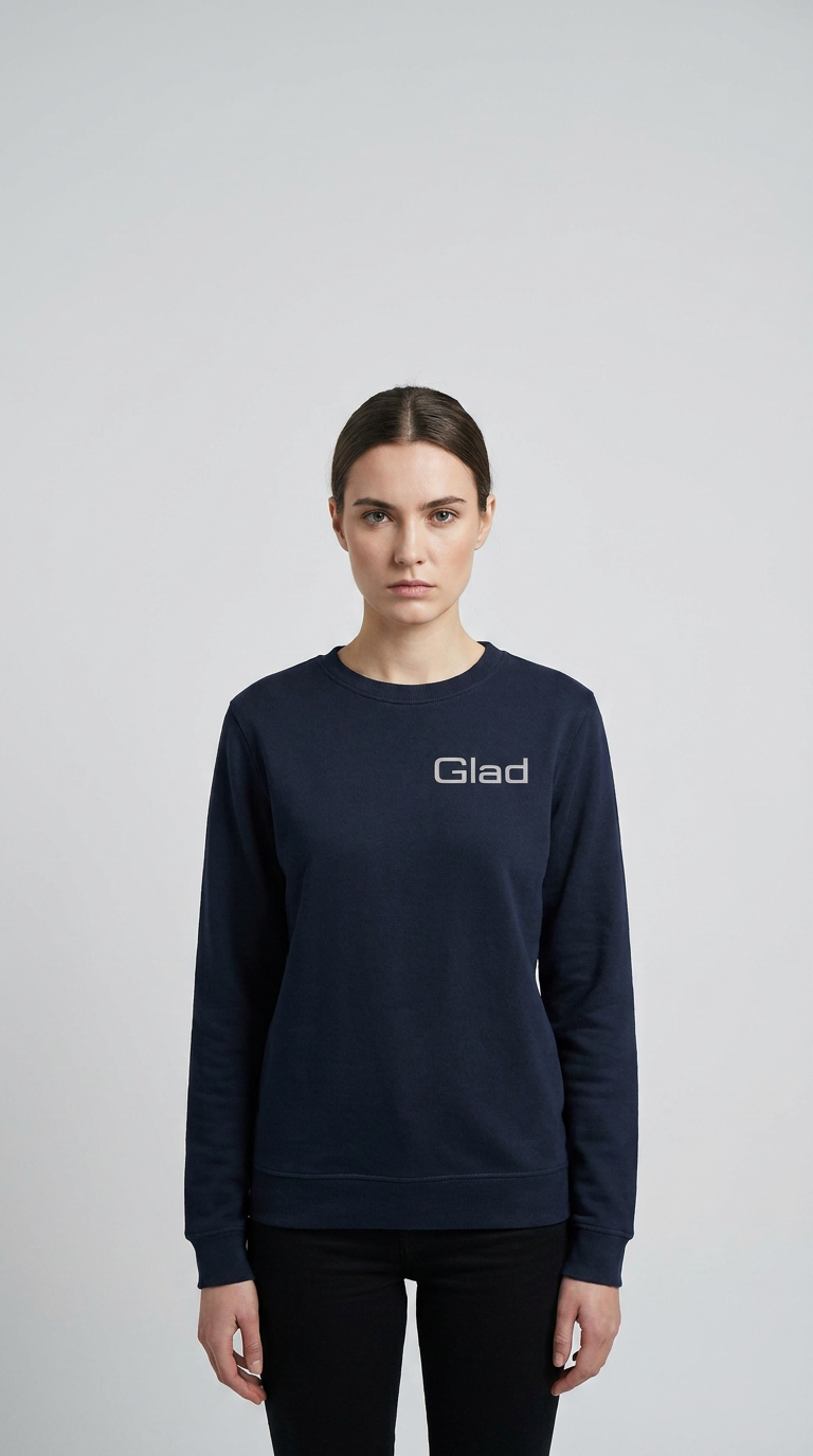 Kvinde i en mørkeblå sweatshirt med teksten "Glad" på brystet, stående mod en lys grå baggrund.