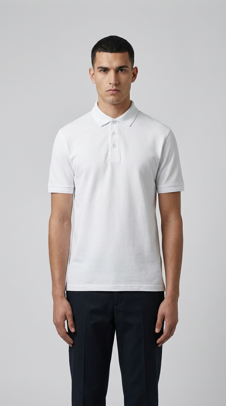 Mand i hvid kortærmet polo-shirt og mørke bukser mod en grå baggrund.