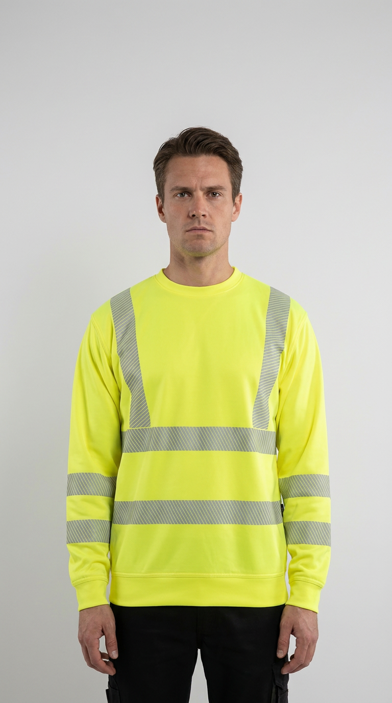 Mand i gul high-visibility sweatshirt med refleksstriber mod en hvid baggrund.