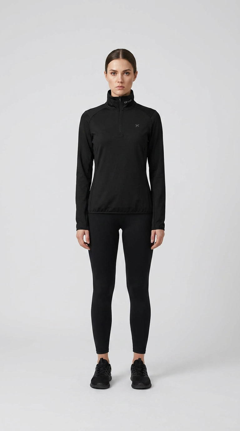 Kvinde i sort langærmet træningstrøje med lynlås og sorte leggings mod en lys baggrund.