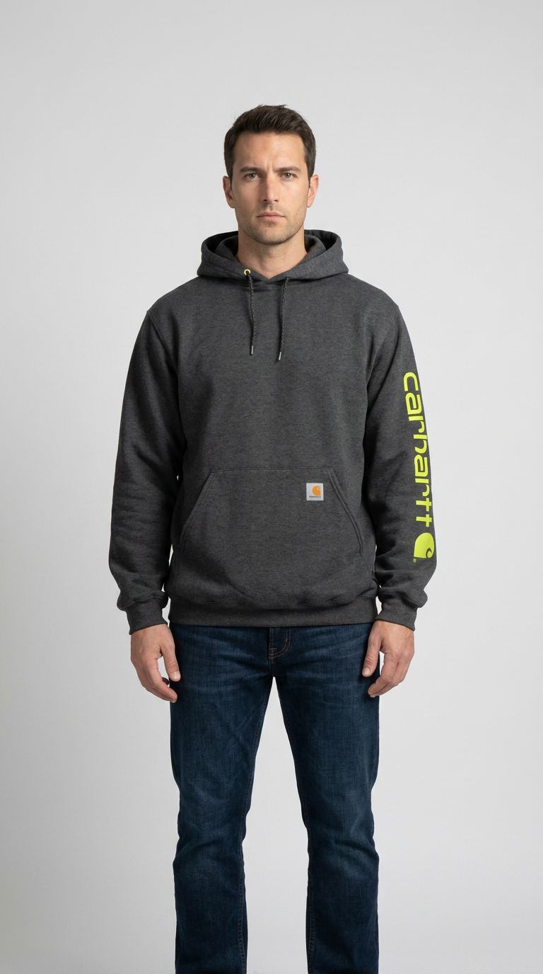 Mand i mørkegrå Carhartt-hættetrøje med neongult logo på ærmet og blå jeans mod en lys baggrund.