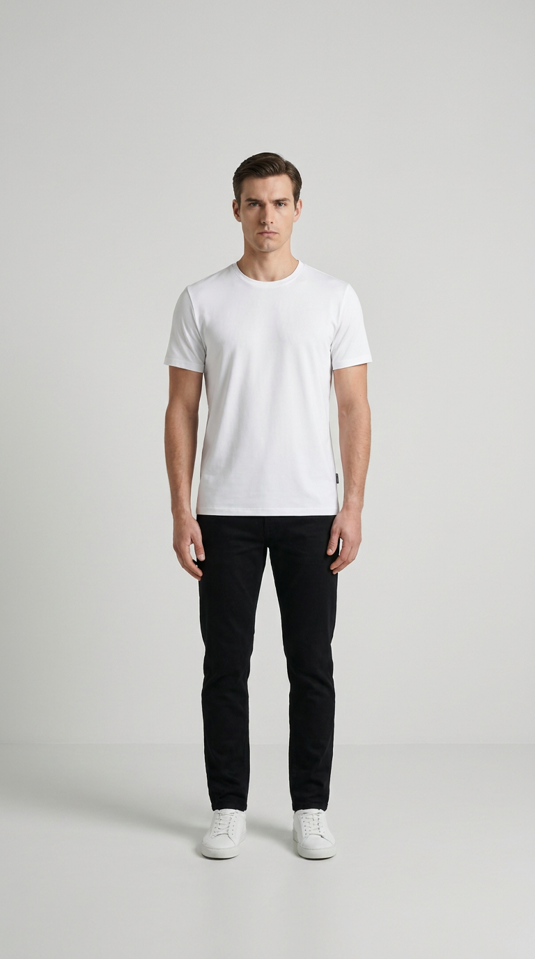 Mand i hvid t-shirt, sorte bukser og hvide sneakers på en lys baggrund.