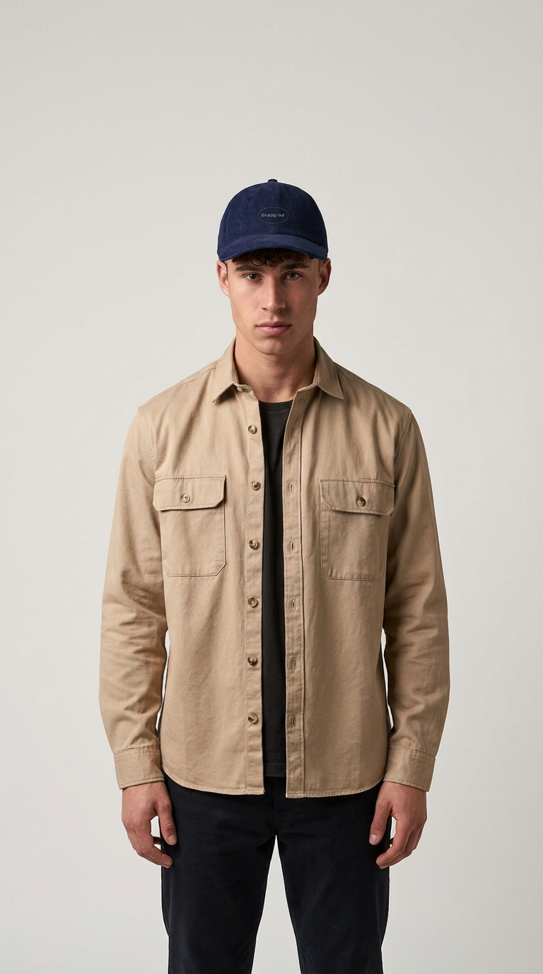 Mand i beige overshirt, sort t-shirt og mørkeblå kasket foran en lys baggrund.