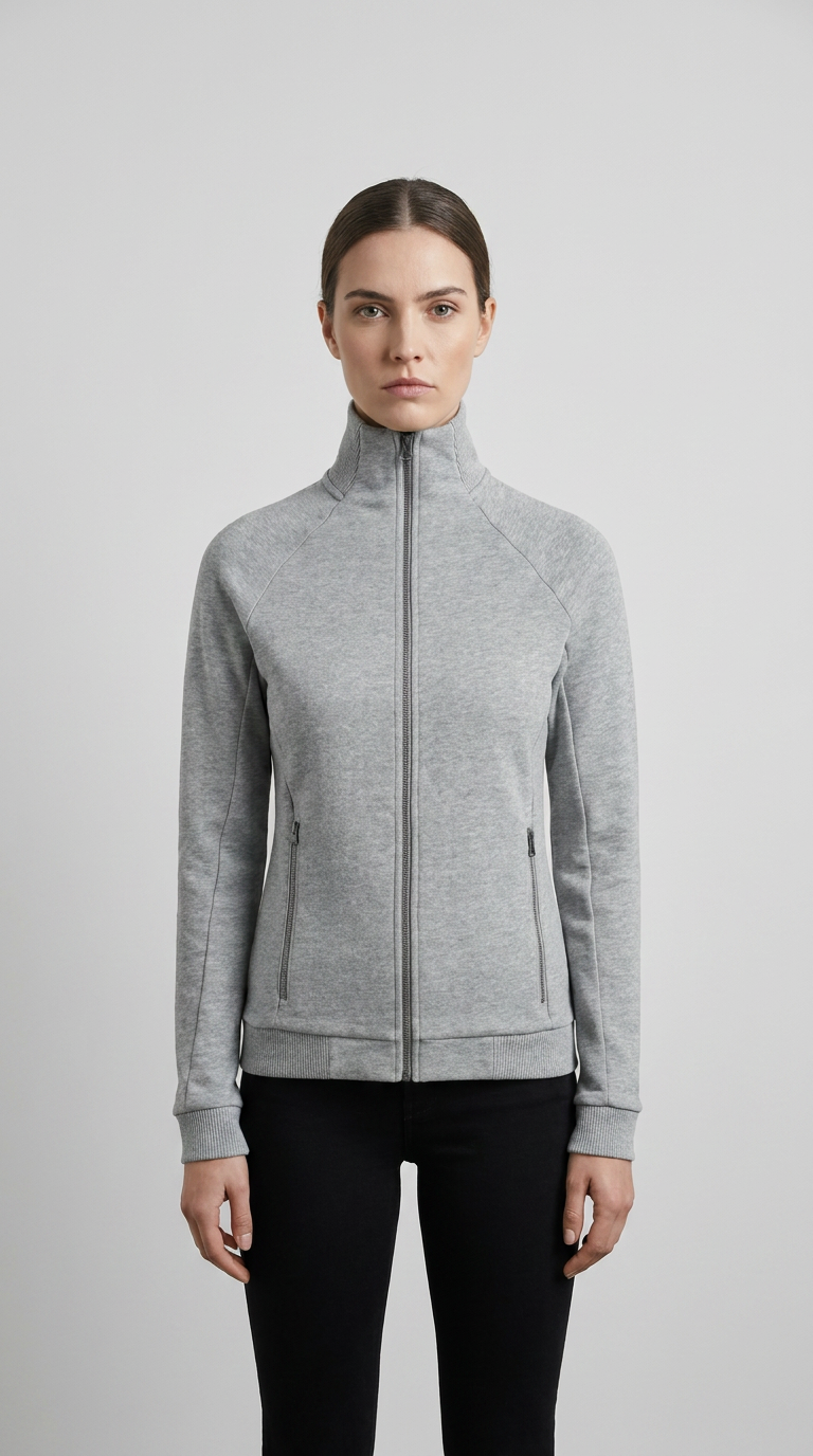 Kvinde iført en grå sweatshirt med lynlås og høj krave mod en lys grå baggrund.