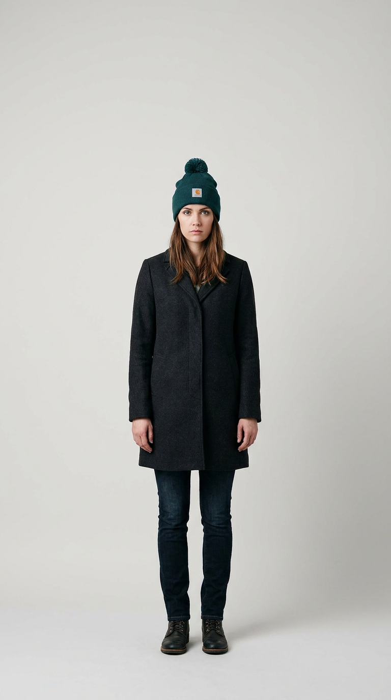 Kvinde i mørkegrå frakke, grøn strikhue med kvast og jeans mod en hvid baggrund.