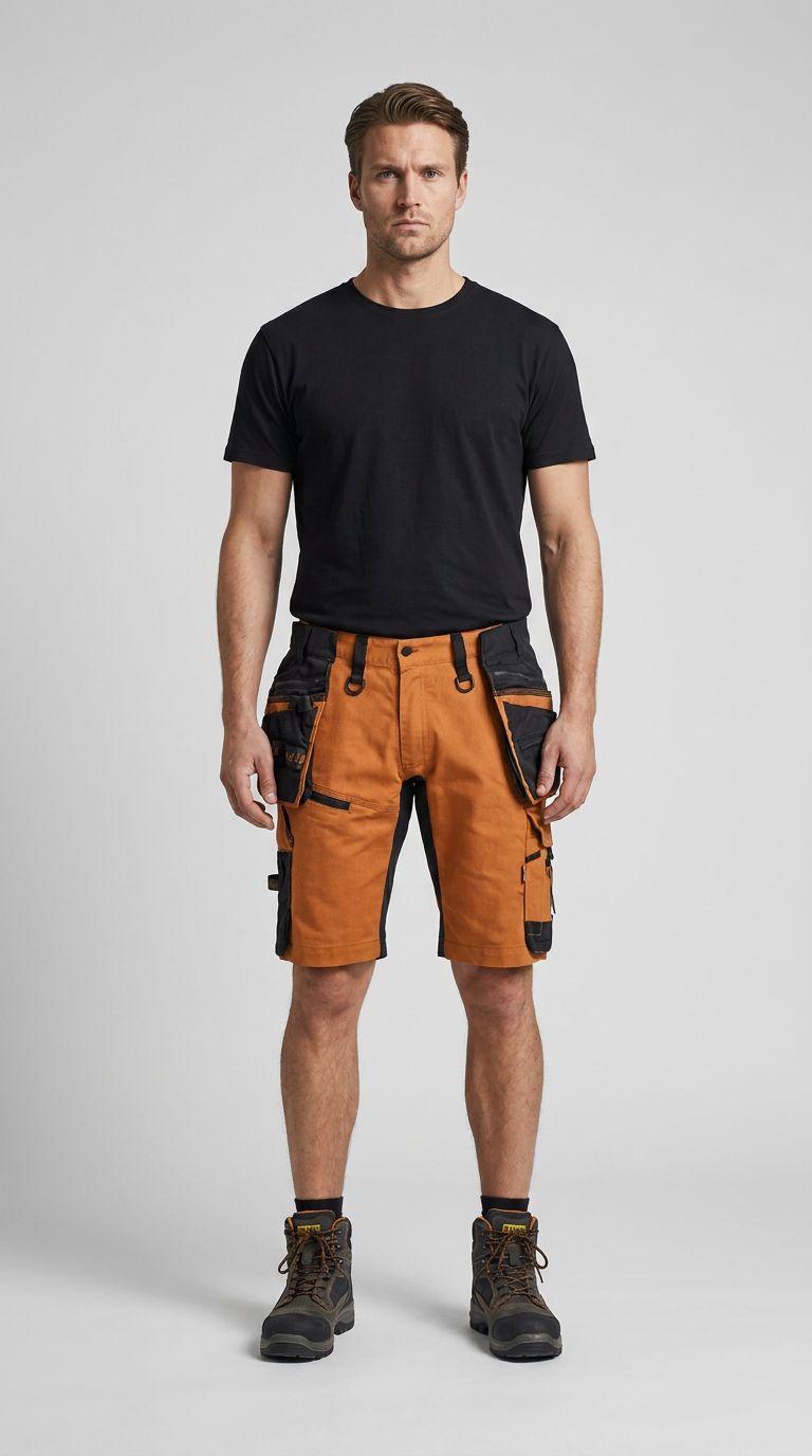 Mand i sort t-shirt og orange arbejdsshorts med mange lommer og robuste arbejdsstøvler.