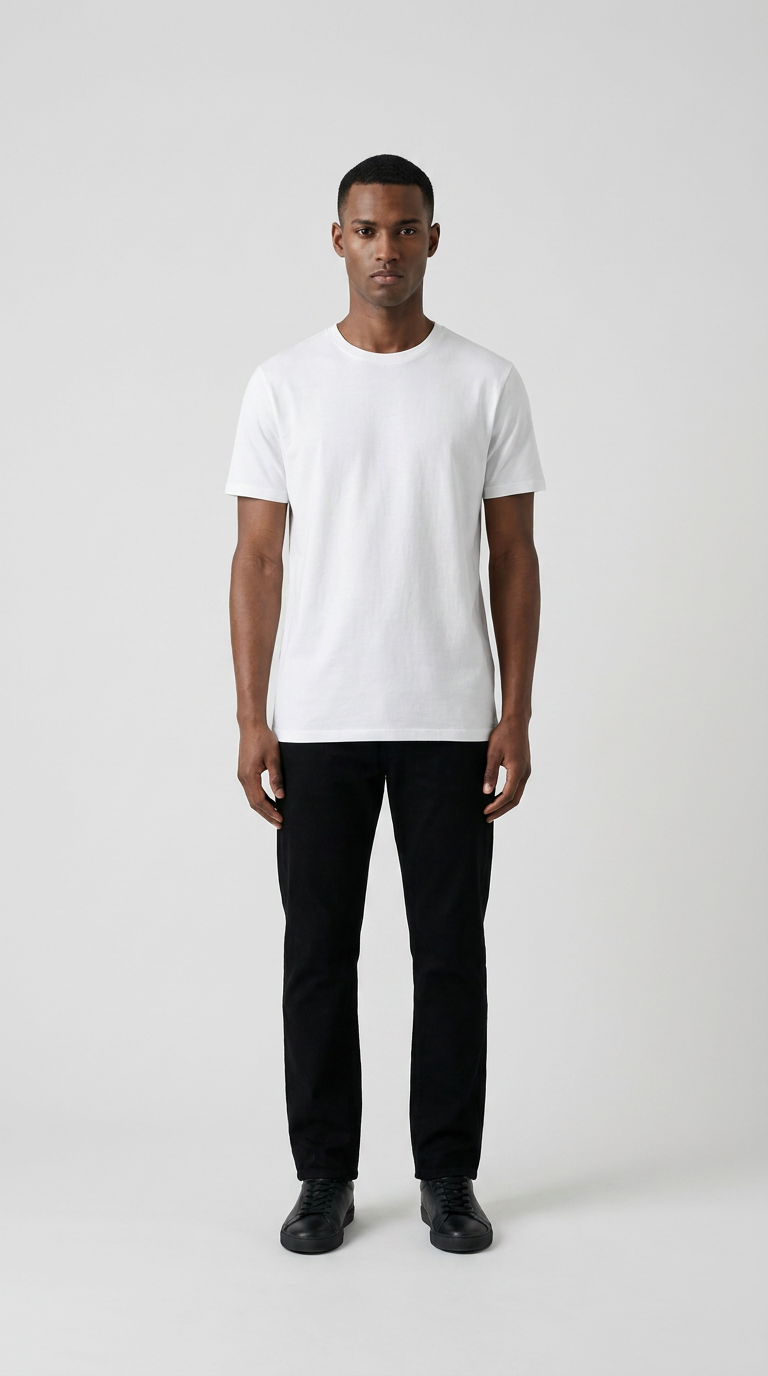Mand i hvid t-shirt, sorte bukser og sorte sko stående mod en lys grå baggrund.