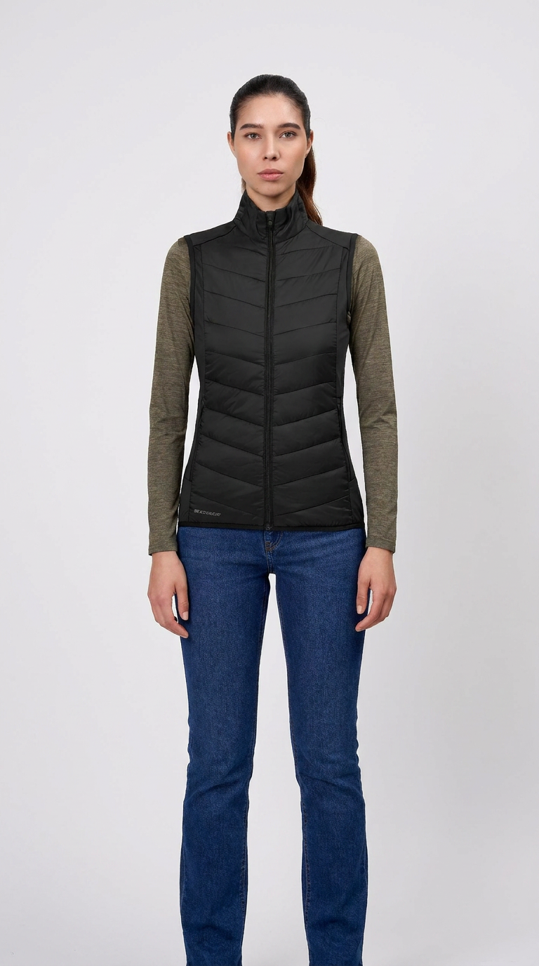 Kvinde i sort quiltet vest, olivengrøn langærmet trøje og blå jeans mod en hvid baggrund.