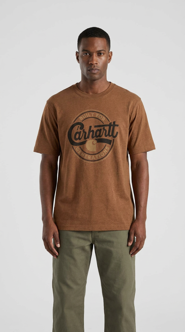 Mand iført brun Carhartt t-shirt med logo og olivengrønne bukser.