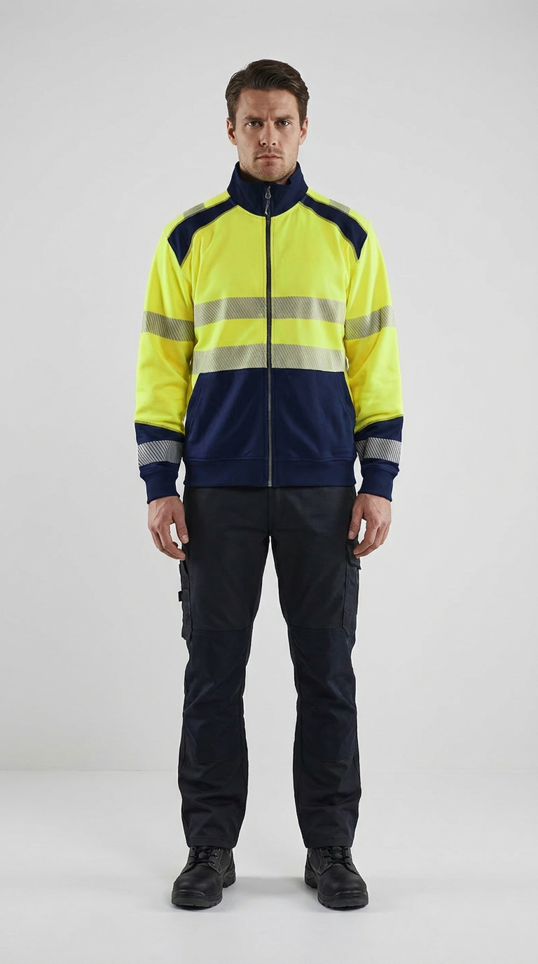 Mand i gul og mørkeblå high-visibility jakke med reflekser og mørke arbejdsbukser mod en lys baggrund.