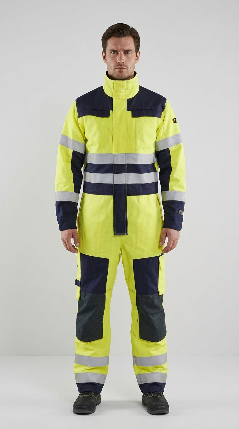 Mand i gul og mørkeblå high-visibility kedeldragt med refleksstriber og knæpuder mod en lys baggrund.
