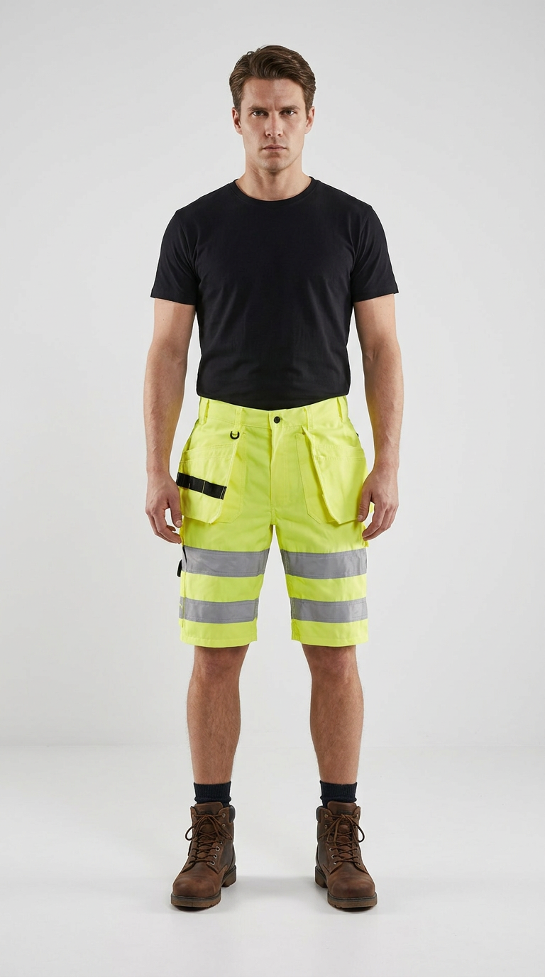 Mand i sort t-shirt og neon-gule high-vis arbejdsshorts med refleksstriber og brune støvler.