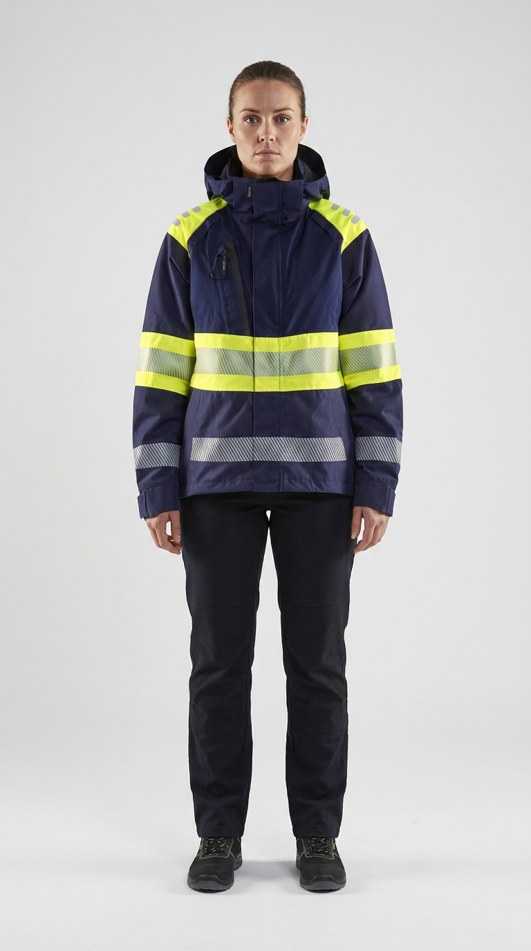 Kvinde i mørkeblå high-visibility arbejdsjakke med gule og reflekterende striber.