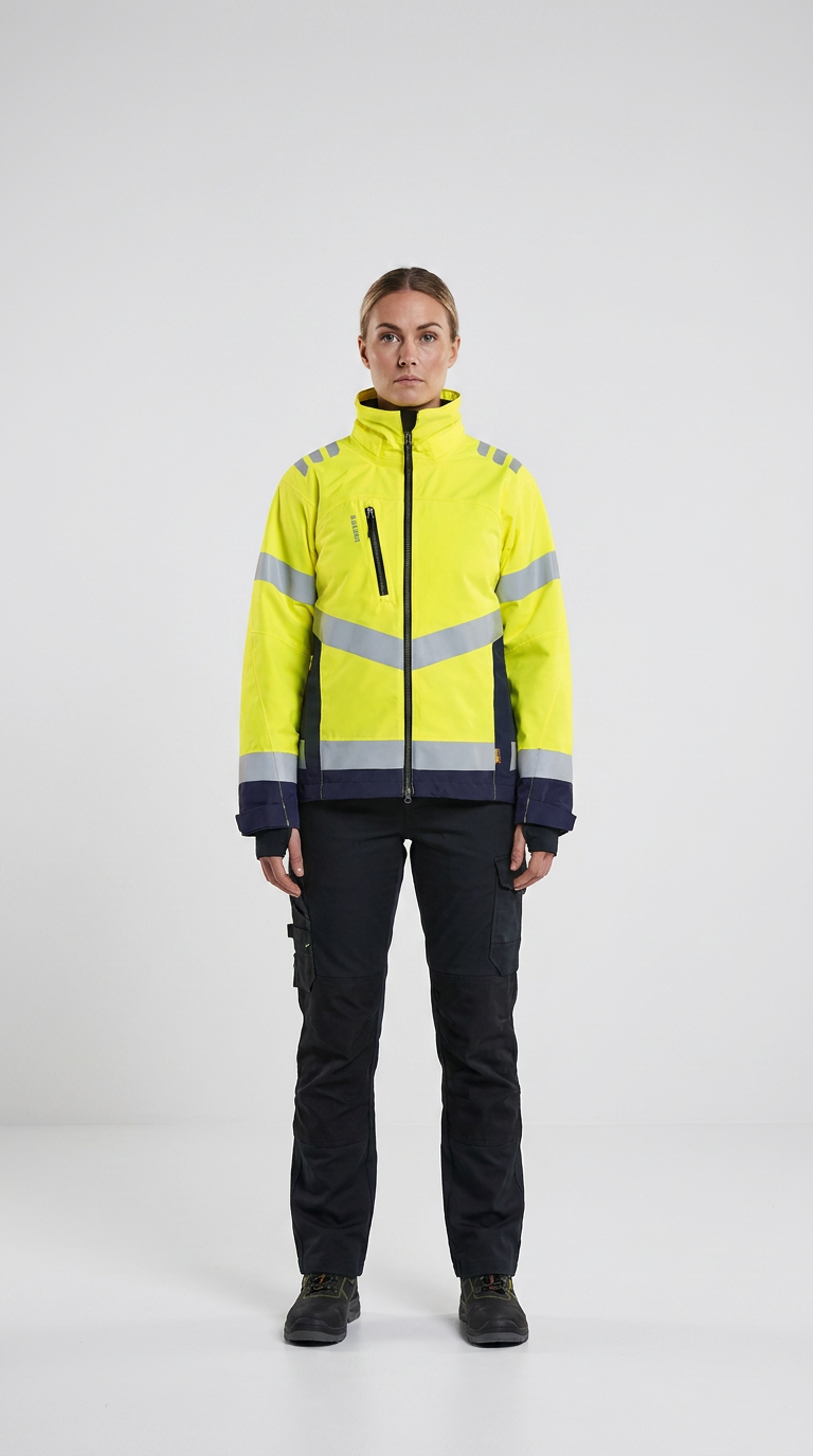Kvinde iført gul high-visibility arbejdsjakke og sorte bukser foran en hvid baggrund.