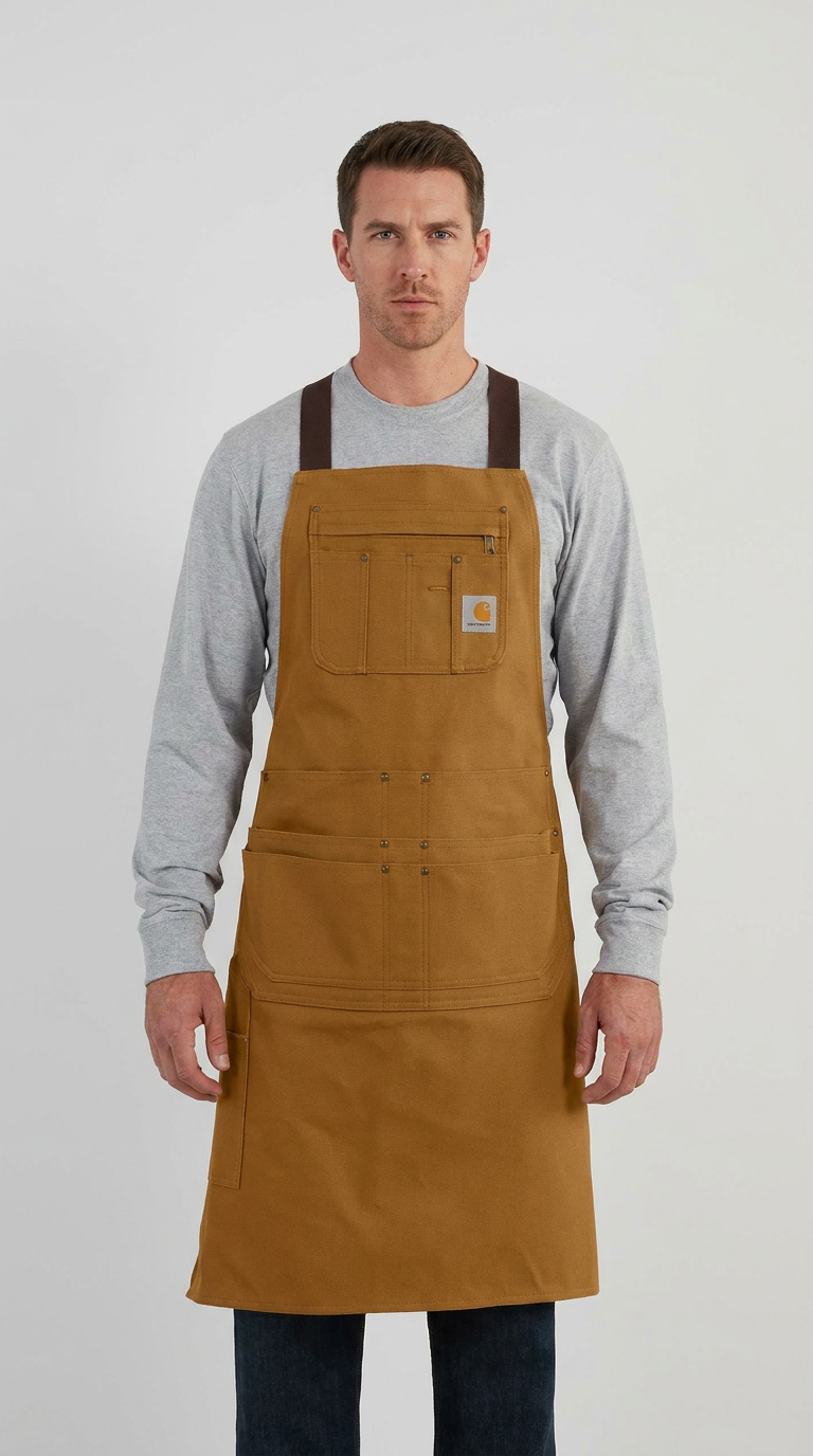 Mand iført et brunt Carhartt-arbejdsforklæde med flere lommer over en grå langærmet trøje.