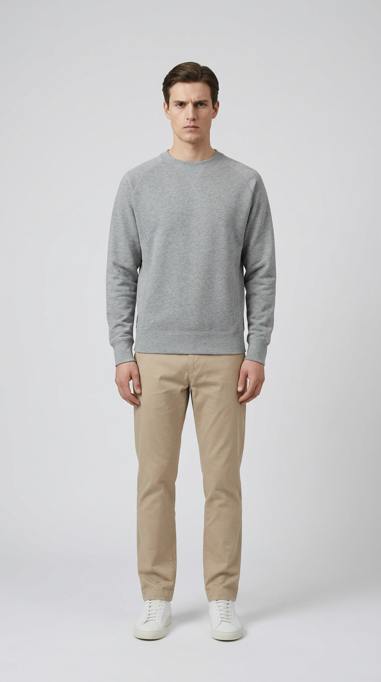 Mand i grå sweatshirt, beige chinos og hvide sneakers mod en lys baggrund.