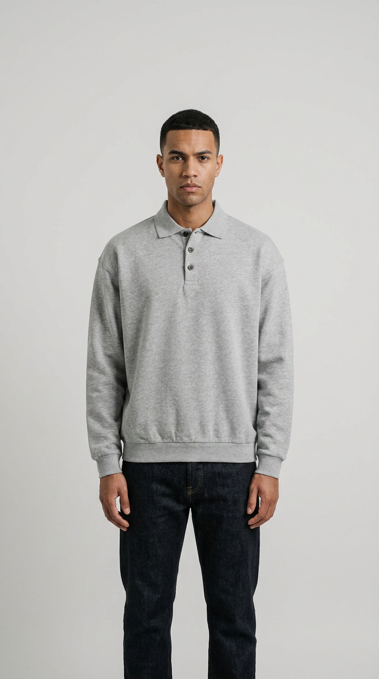 Mand i grå langærmet polo-sweatshirt og mørkeblå jeans foran en grå baggrund.