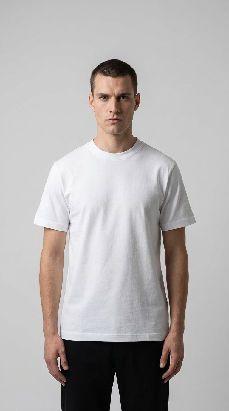 Mand i hvid kortærmet t-shirt og sorte bukser foran en grå baggrund.