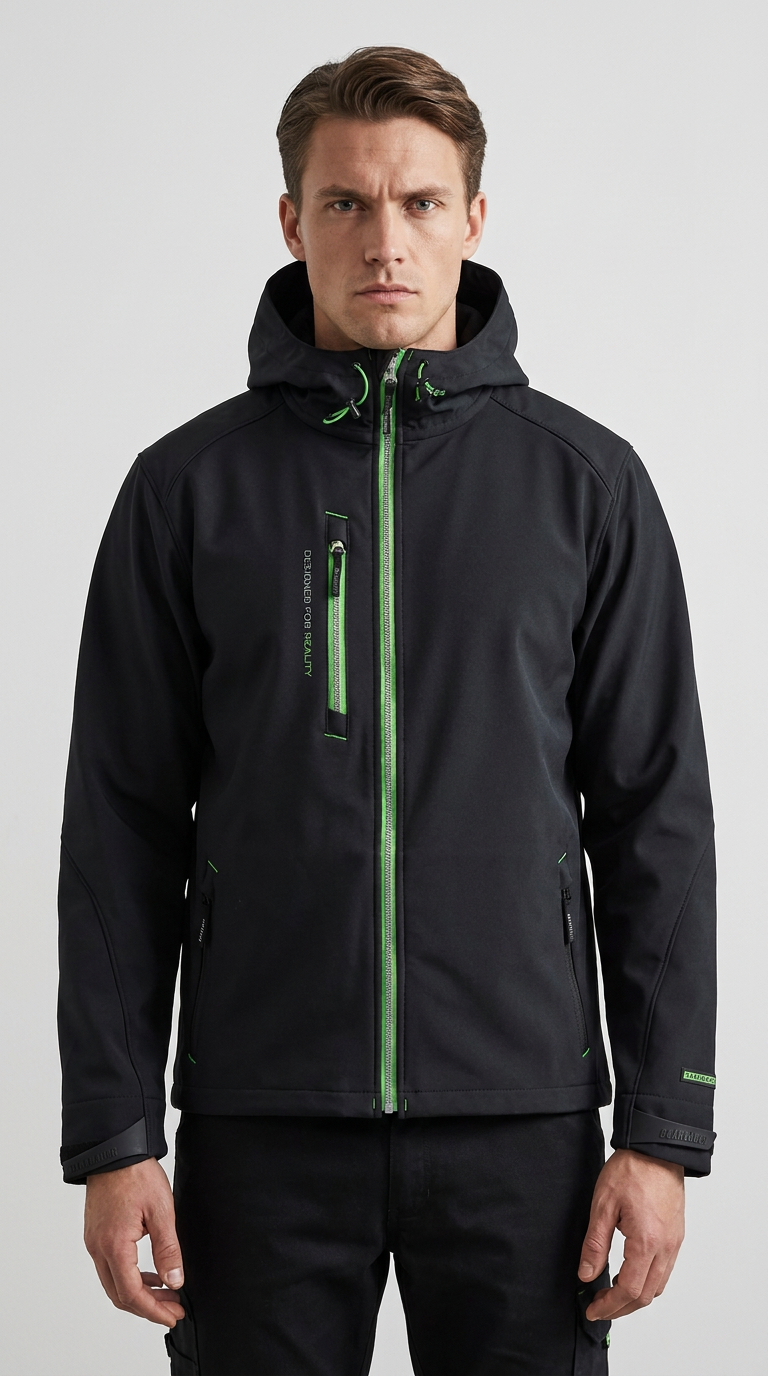 Mand iført sort softshell-jakke med limegrønne lynlåse og detaljer.
