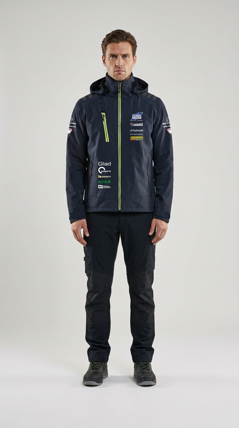 Mand i mørkeblå softshell-jakke med sponsorlogoer og sorte arbejdsbukser på en lys baggrund.