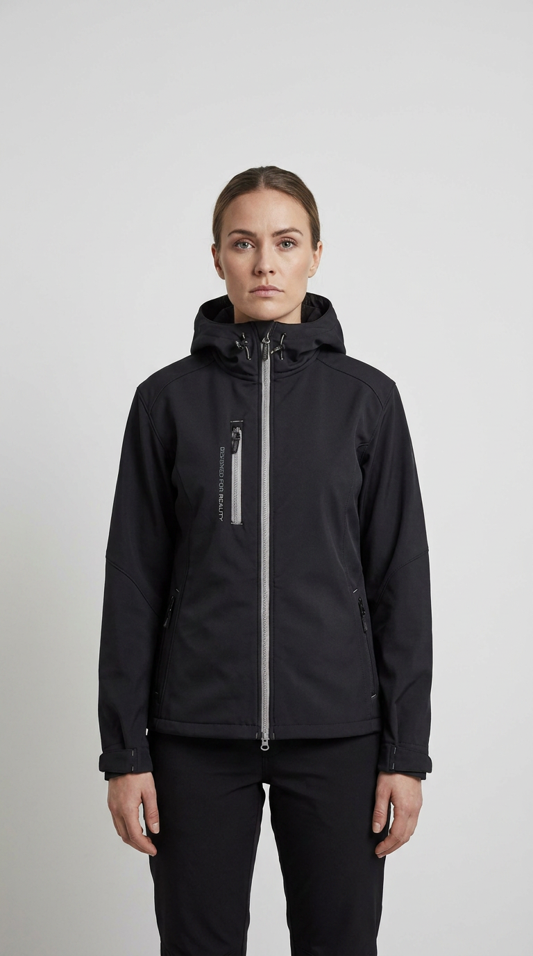 Kvinde iført en sort softshell-jakke med hætte og sølvfarvet lynlås mod en lys grå baggrund.
