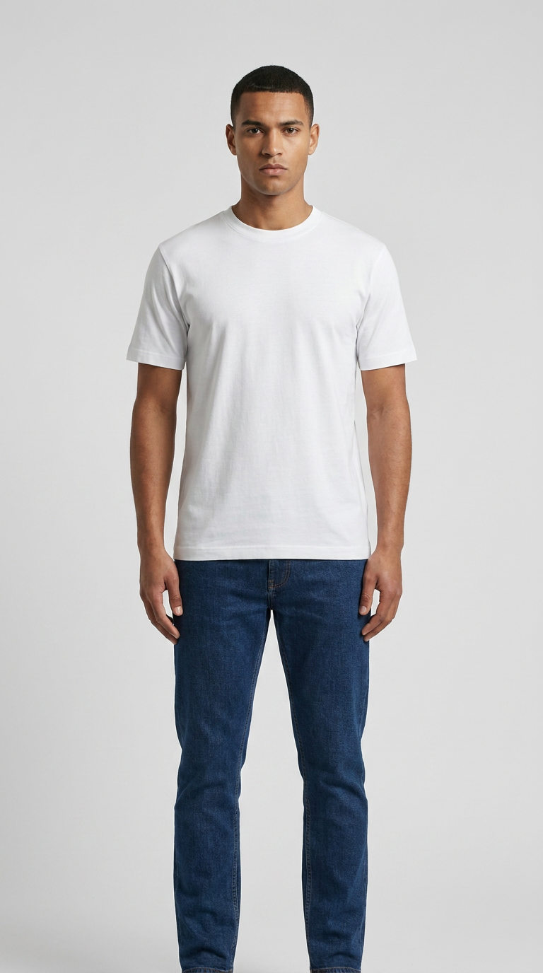 Mand i hvid t-shirt med rund hals og blå jeans foran en grå baggrund.