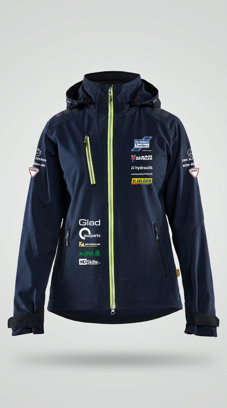 Mørkeblå softshell-jakke med limegrøn lynlås og flere sponsorlogoer på en lys baggrund.