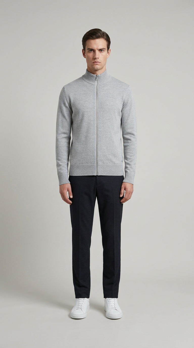 Mand i grå cardigan med lynlås, mørke bukser og hvide sneakers mod en enkel baggrund.