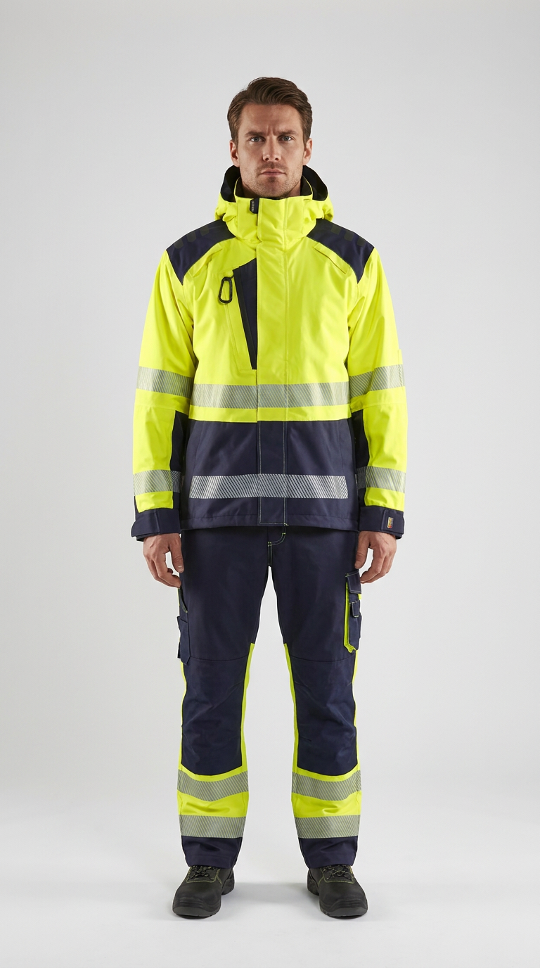 Mand i neon-gul og marineblå arbejdsjakke og bukser med reflekser på en grå baggrund.