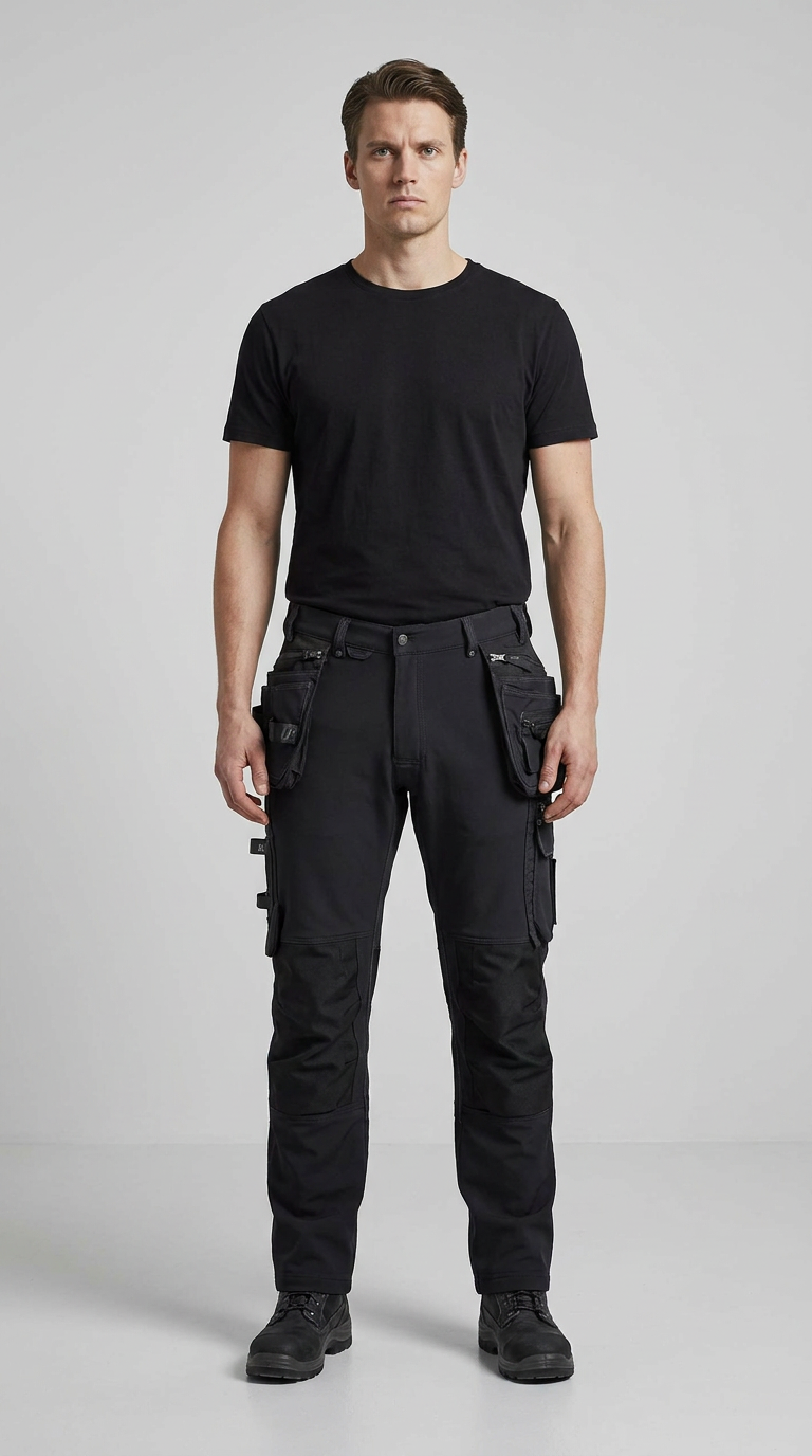 Mand i sort t-shirt og sorte arbejdsbukser med hængelommer stående mod en grå baggrund.