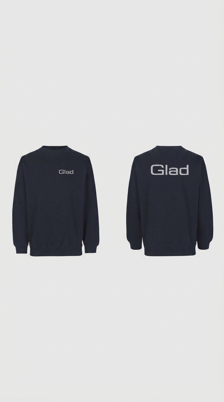 Mørkeblå sweatshirt vist forfra og bagfra med "Glad" logo på brystet og ryggen.
