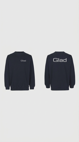 Mørkeblå sweatshirt vist forfra og bagfra med "Glad" logo på brystet og ryggen.