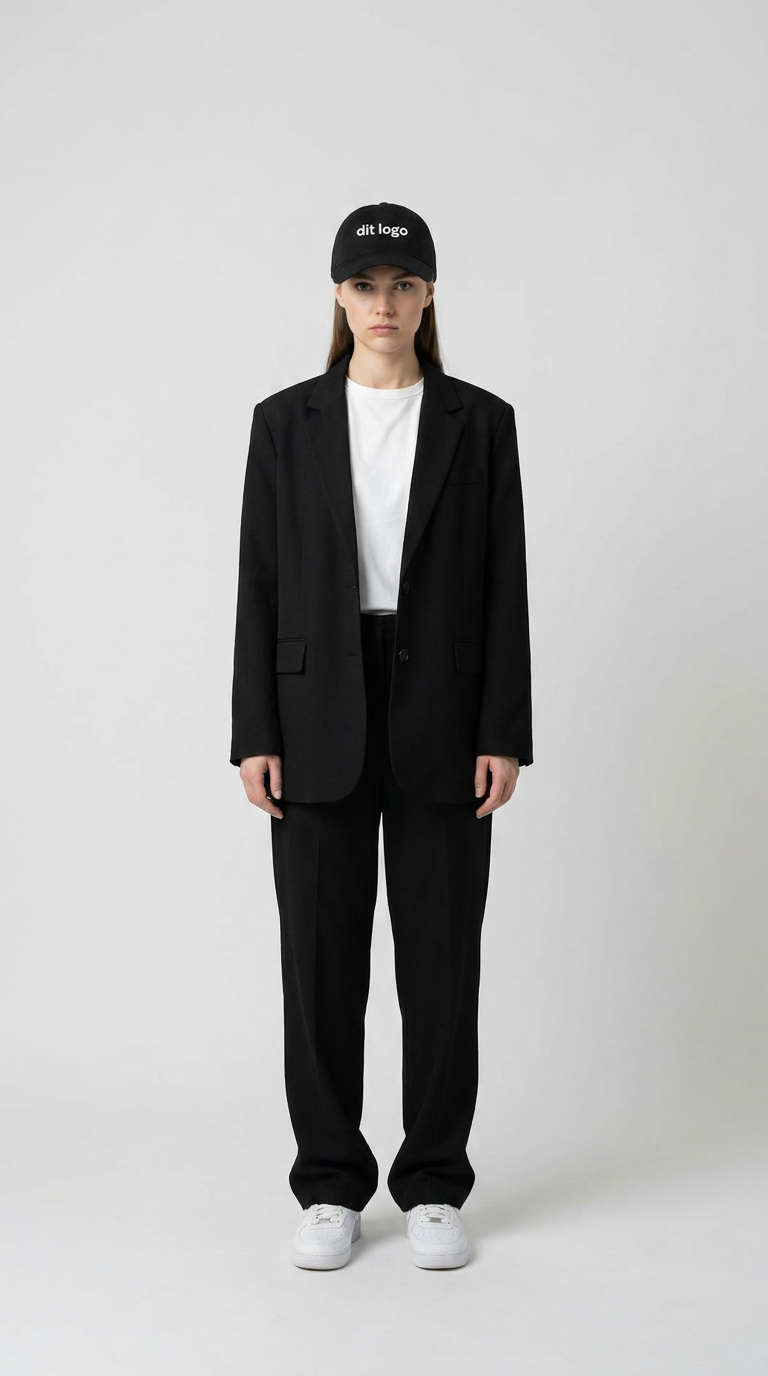 Kvinde i sort blazer, hvid t-shirt og sort kasket med teksten 'dit logo' mod en hvid baggrund.