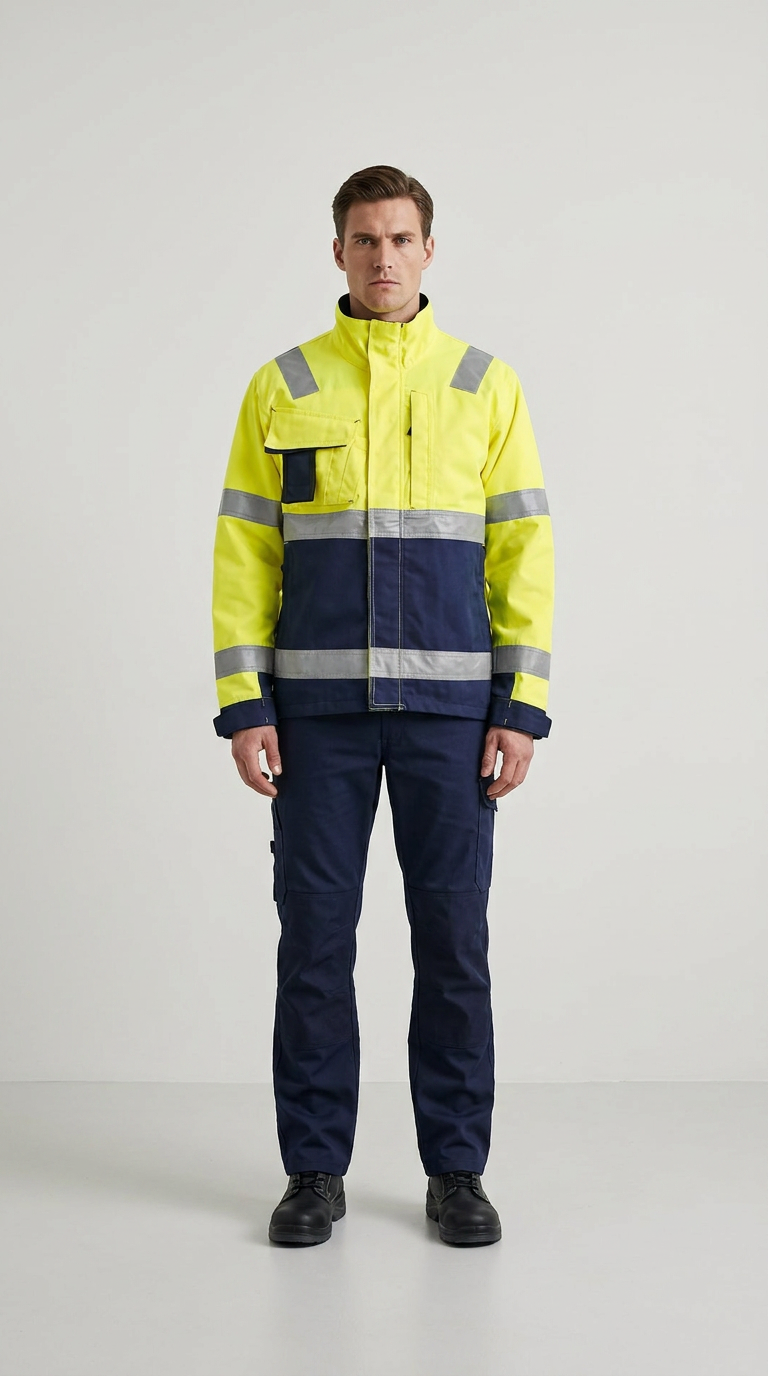 Mand i gul og mørkeblå high-visibility arbejdsjakke og bukser foran en lys baggrund.