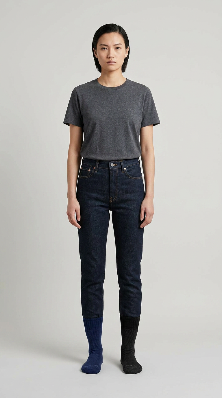 Kvinde i mørkegrå t-shirt og mørkeblå jeans med en blå og en sort sok mod en lys grå baggrund.