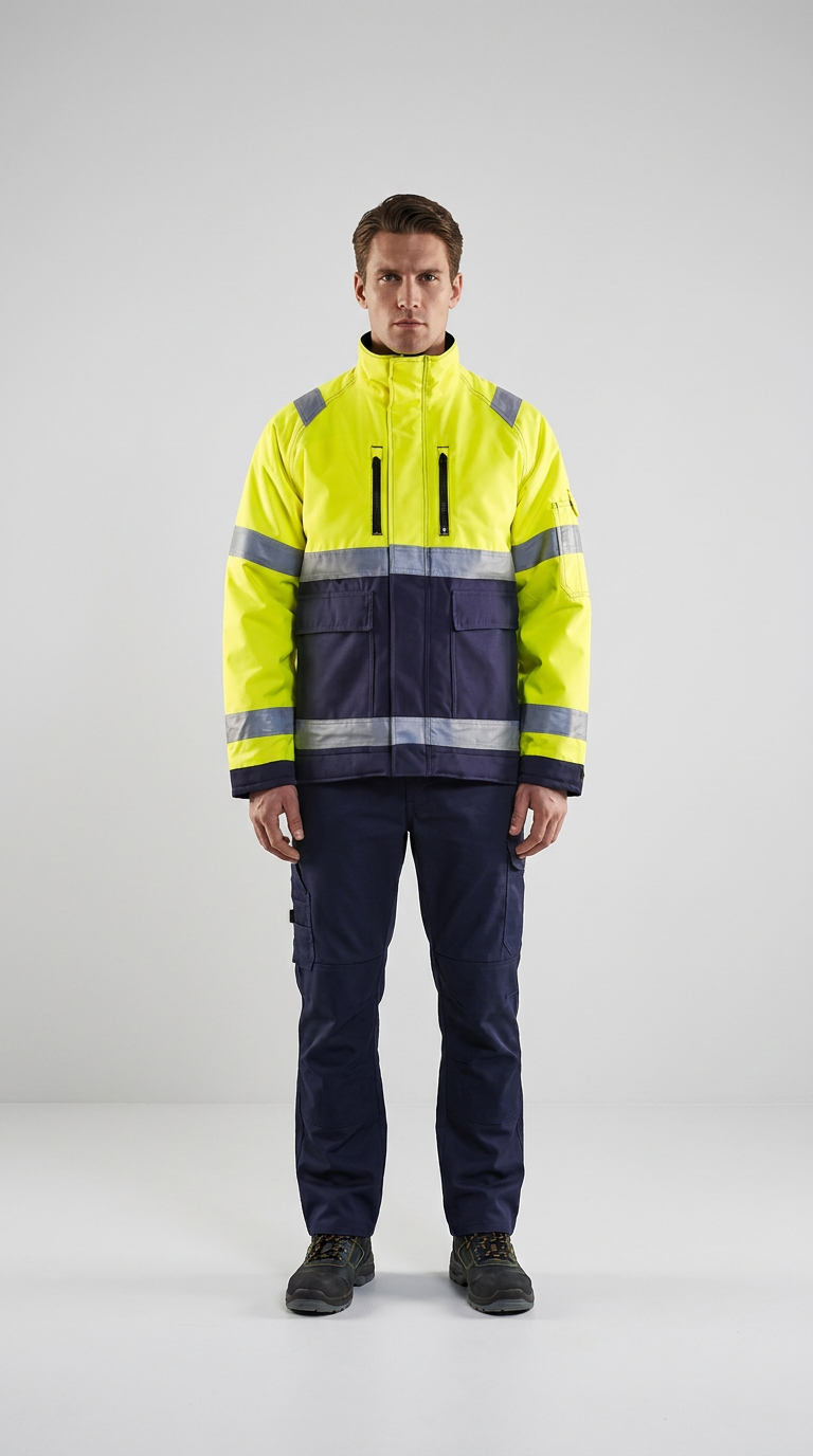 Mand iført gul og marineblå high-visibility arbejdsjakke med reflekser og matchende arbejdsbukser.