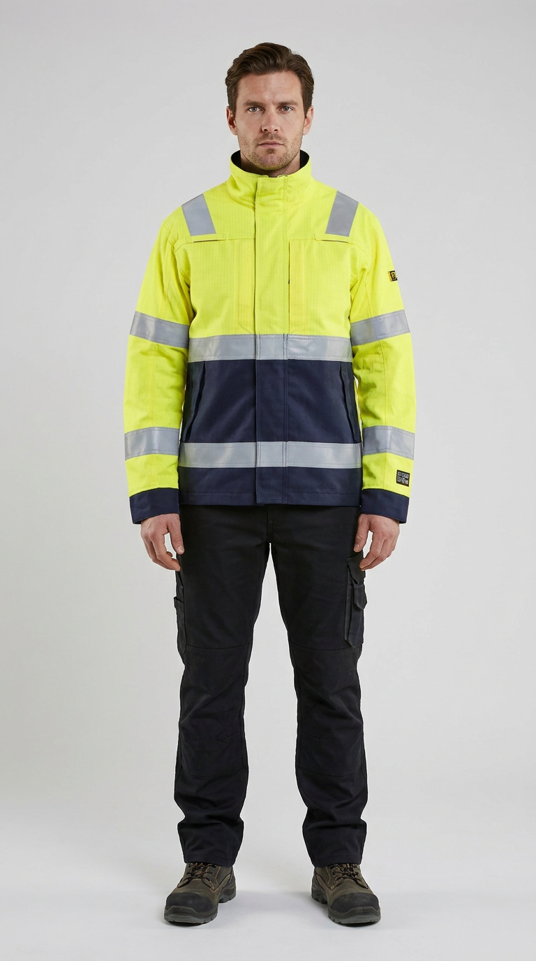 Mand i gul og mørkeblå high-visibility arbejdsjakke, mørke arbejdsbukser og støvler på en grå baggrund.