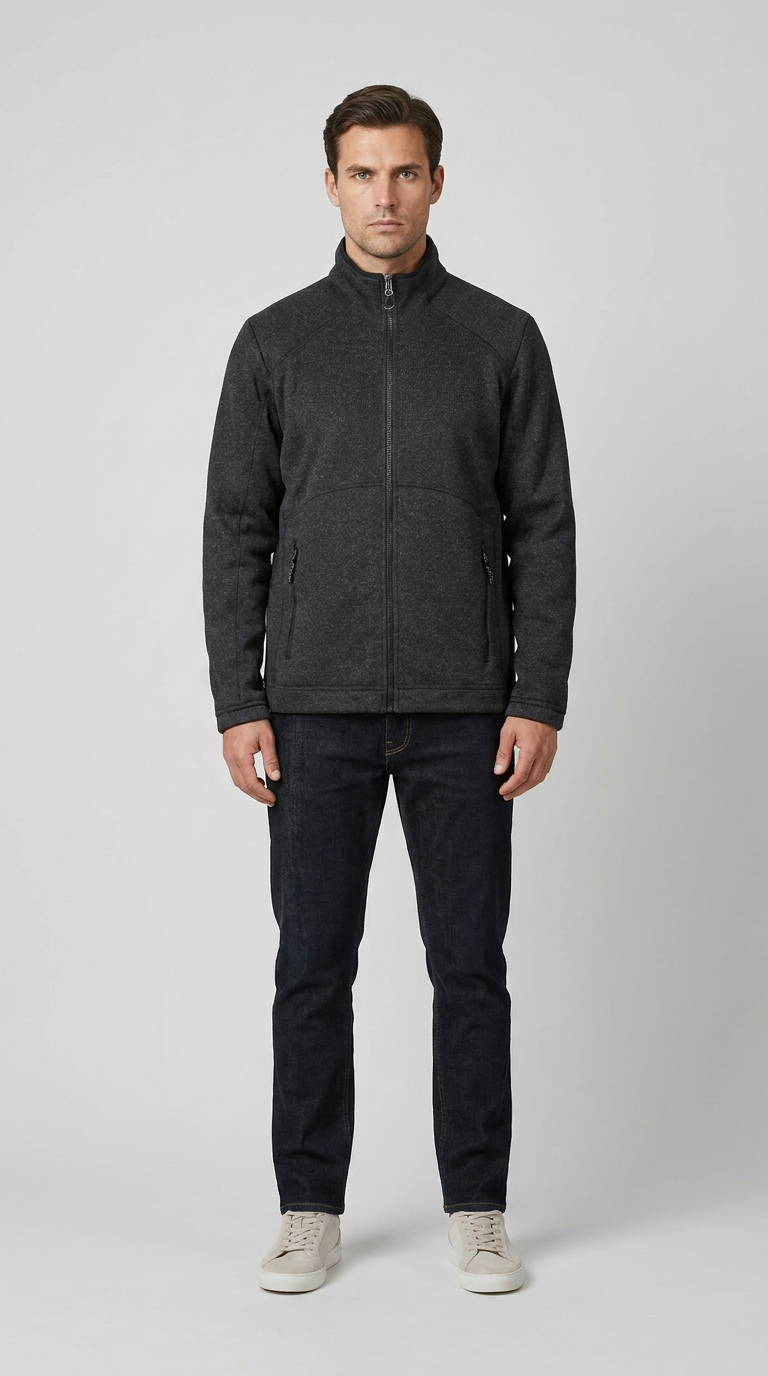 Mand i mørkegrå fleecejakke, mørkeblå jeans og lyse sneakers mod en lys baggrund.